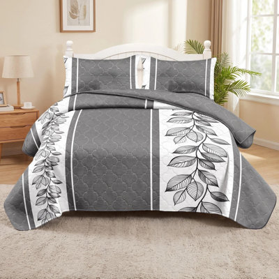 Ensemble de courtepointe 3 pièces à motif botanique gris anthracite et blanc, couvre-lit à rayures moderne avec 2 taies décoratives, couvre-lit léger réversible, microfibre facile d'entretien pour animaux de compagnie