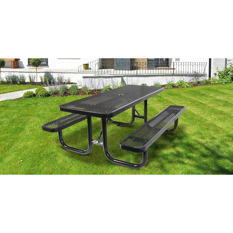 Kayala 6-Person 6 ft. Rectangular Outdoor Steel Picnic Table with Umbrella Pole, Black