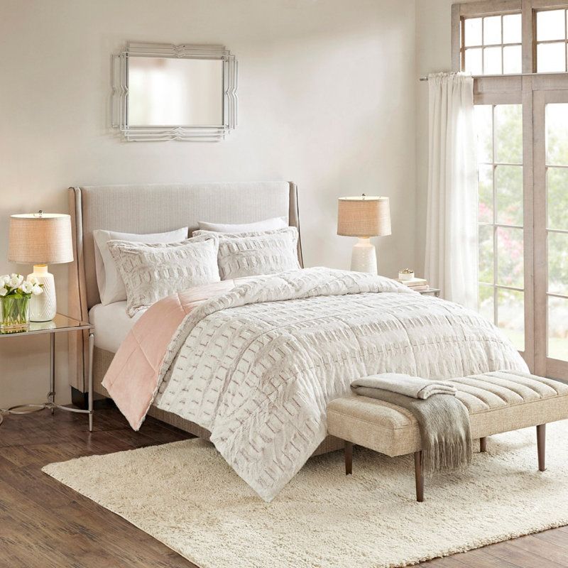 Ensemble d'édredon en fausse fourrure 3 pièces pour lit double / grand, Blanc, Édredon simple