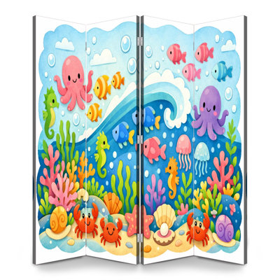 Back to School 4 Panels Folding Screen Room Divider Royal Underwater Ocean Scene Colorful Fish Jellyfish Octopuses Canvas Screen Room Separator Freestanding Protective Wall Divider Privacy Partition