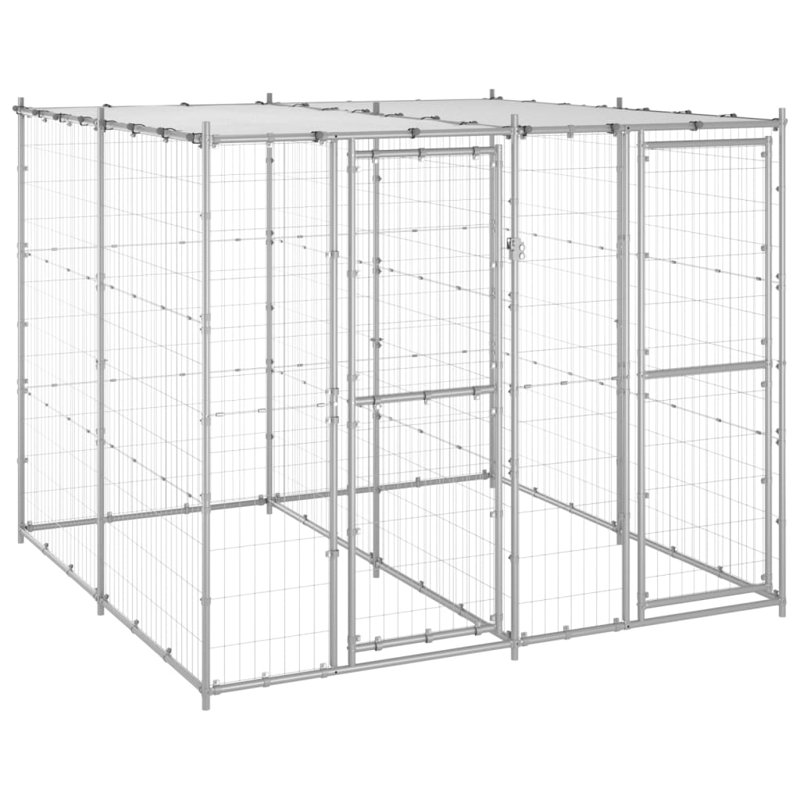 Chenil d'extérieur pour chien en acier avec toit Vidaxl, Argent, H 70,9 po x L 86,6 po x l 86,6 po
