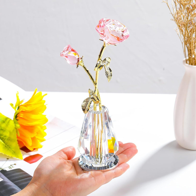 Figurine fleur en cristal avec vase à facettes, sculpture florale à deux fleurs pour table, tablette et bureau, Rose