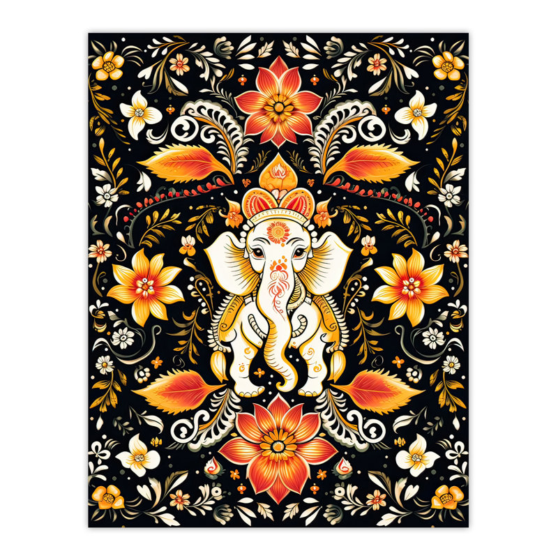Wall Art Print Decorated Indian Elephant with Flower Patterns Vibrant Ornate Floral Design on Poster