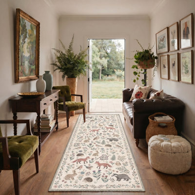  Aarna Rustic Woodland Creatures Machine Washable Oatmeal Beige Indoor Area Rug With Non-Slip Backing