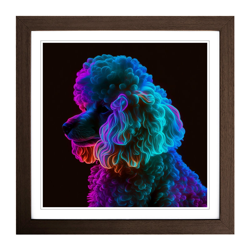Poodle Neon - Single Picture Frame Print on Wood, Oak
