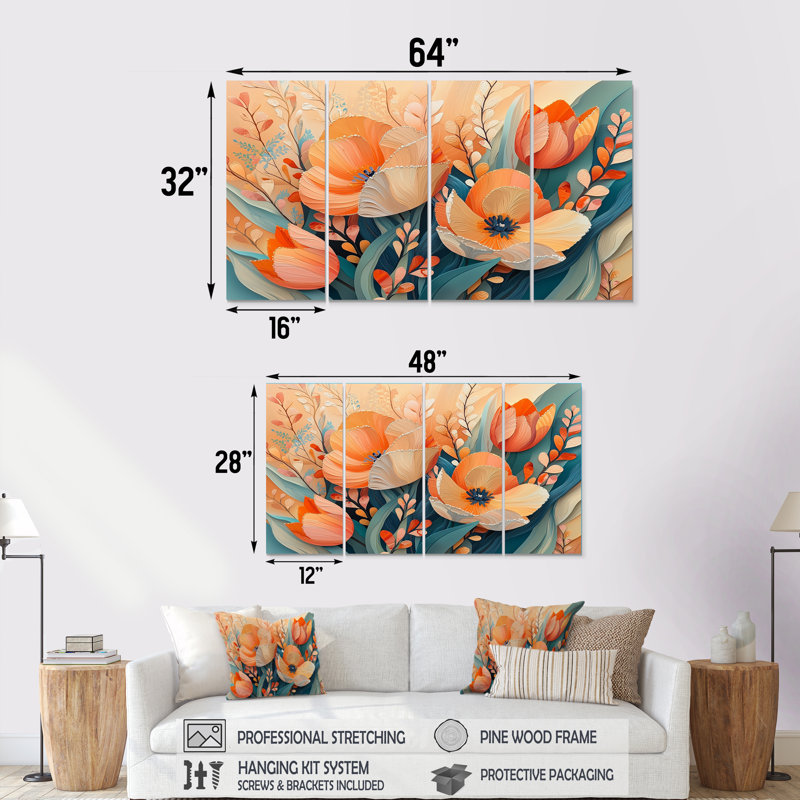 Reifsnyder - Botanicals Wall Art - Art mural moderne sur toile, 4 pièces, H 32 po x l 64 po