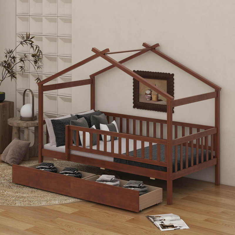 Lit simple en bois avec tiroirs, Noyer