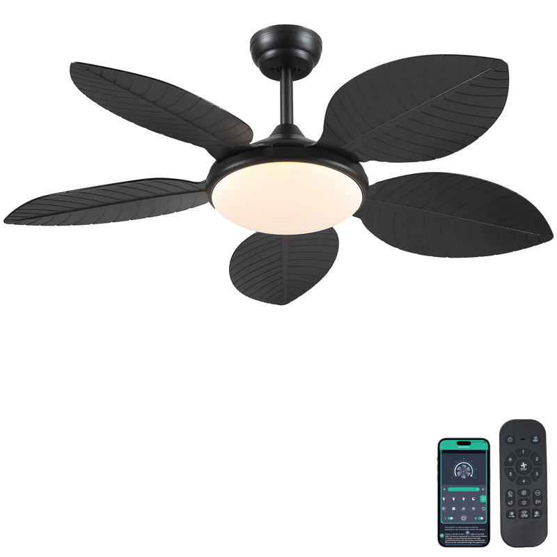 Ventilateur de plafond 48 "feuilles tropicales 48" avec lumières DEL et télécommande, Noir