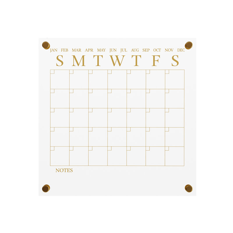 Clear Gold Acrylic Monthly Wall Calendar with Dry Erase Marker