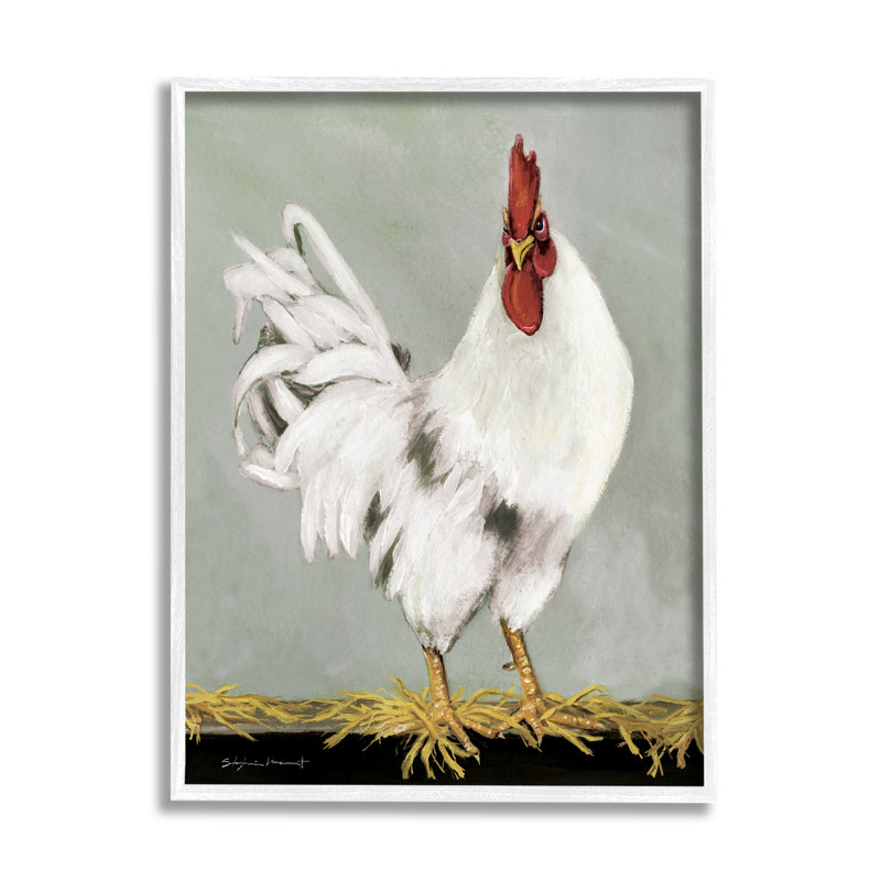 «White Rooster Farmhouse Animal» par Stephanie Workman Marrott - peinture à cadre flottant sur bois