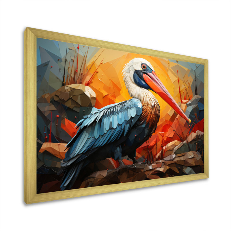 Orange Pelican Coastal Geometric II - Animals Canvas Wall Art, H 24 po x l 32 po x P 1 po, Cadre doré à une seule photo