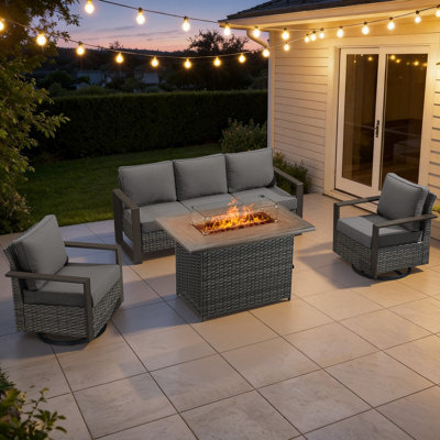 Ensemble de mobilier de patio pour 5 personnes avec foyer, table de conversation en osier toutes saisons avec chaise et coussins épais Drazen