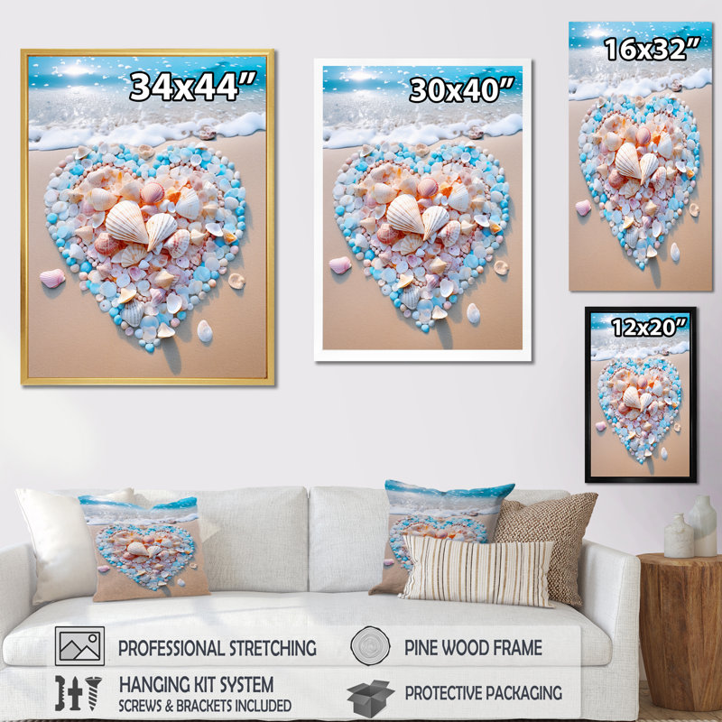«Pink and Turquoise Heart On The Beach», reproduction sur toile, H 44 po x l 34 po x P 1,5 po, Cadre flottant doré