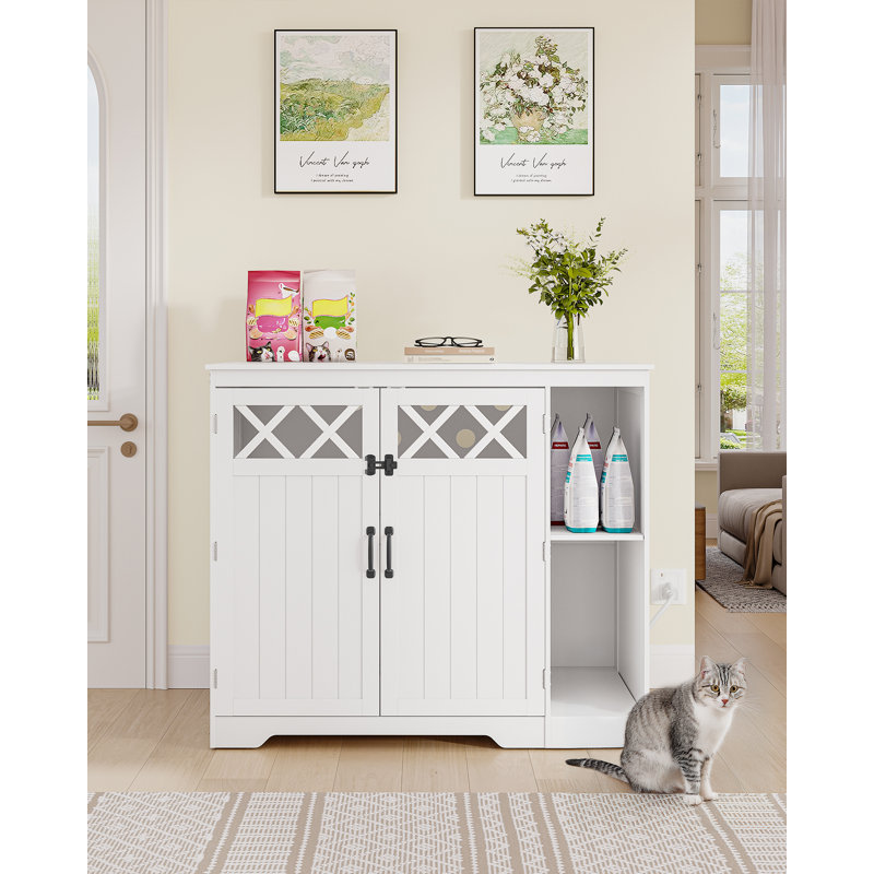 Cat Litter Robot Enclosure, Hidden Self-Cleaning Litter Box Furniture with Charging Station, Pull-Out Base Plate, Adjustable Shelf, Large Indoor Cat