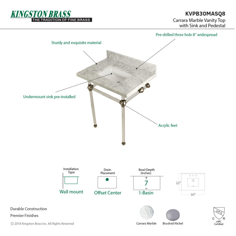 Kingston Brass Templeton 30-Inch Vanity Top with Clear Acrylic Legs (8-Inch, 3-Hole), Carrara Marble/Brushed Nickel