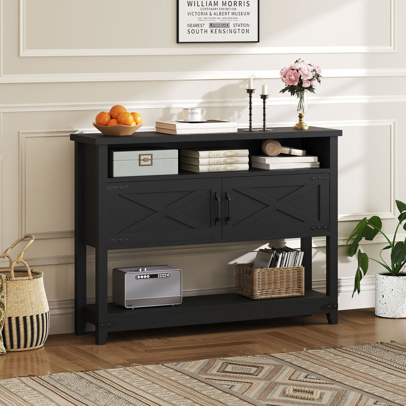 47.2'' Farmhouse Console Table Entryway Table with 2 Cabinets, Black/Black