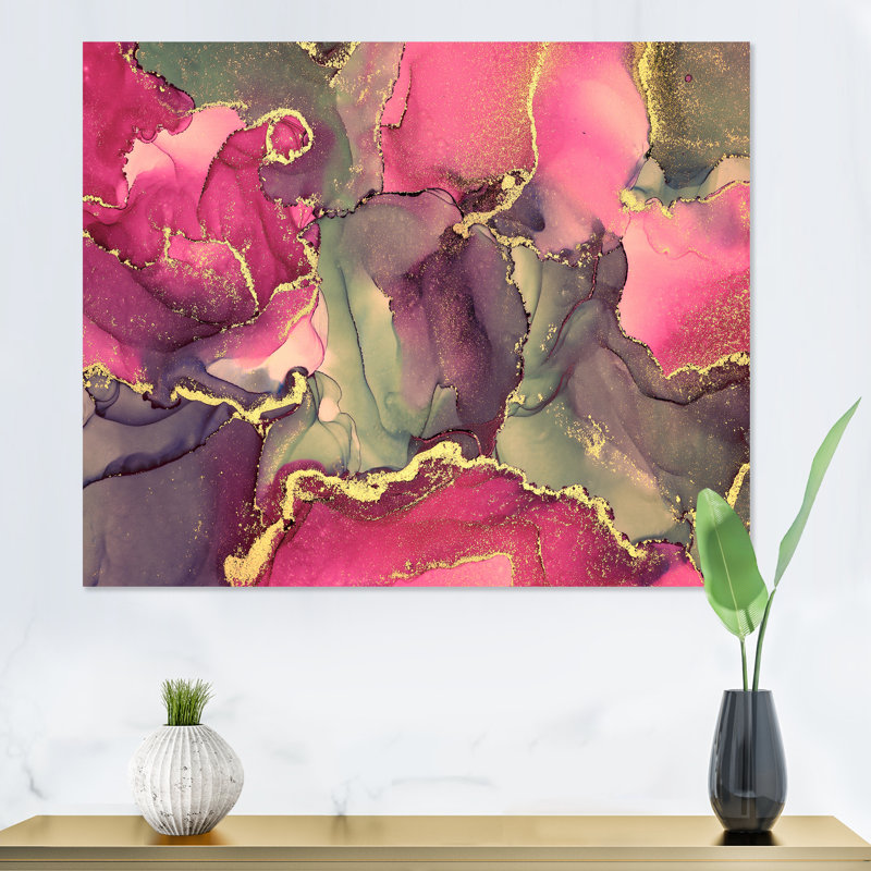 Rose et noir luxueux, art fluide abstrait - peinture sur toile, H 16 po x l 32 po, Toile tendue