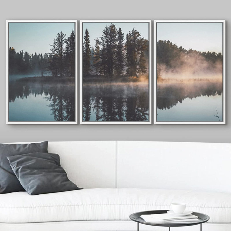 Misty Forest Landscape Geometric Framed Canvas Print Set