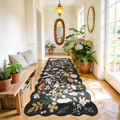 Tapis de couloir lavable: Tapis de couloir à motif floral festonné antidérapant Boho