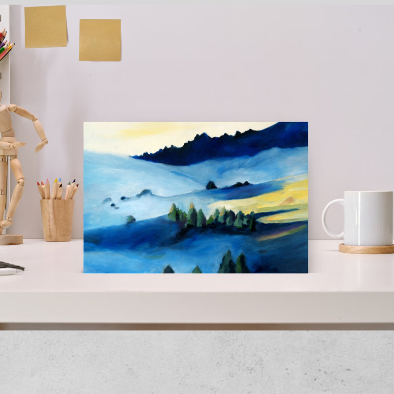 «Misty Blue Mountainscape Colorful Rustic Abstract Forest Landscape Art», art mural, H 12 po x l 18 po