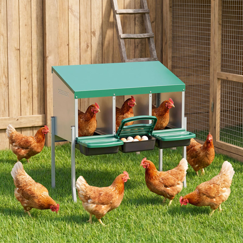 Boîte de nidification à 3 compartiments avec pattes, boîte à œufs en acier galvanisé avec couvercle pour poulailler d'extérieur