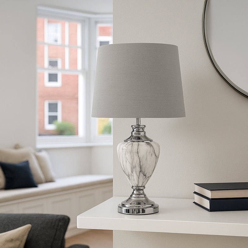 Waukomis 61cm Marble Effect Metal Table Lamp, Light Grey