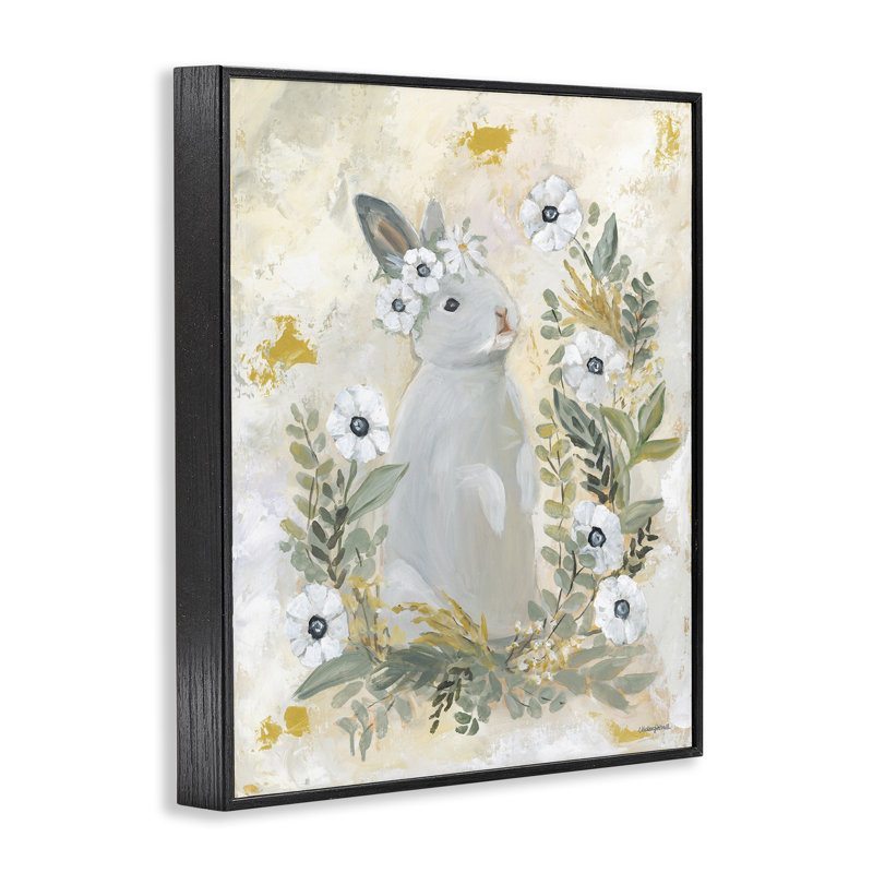 Lapin aux fleurs blanches, estampe numérique par Mackenzie Kissell, Giclée encadrée noir minuit, H 30 po x l 24 po