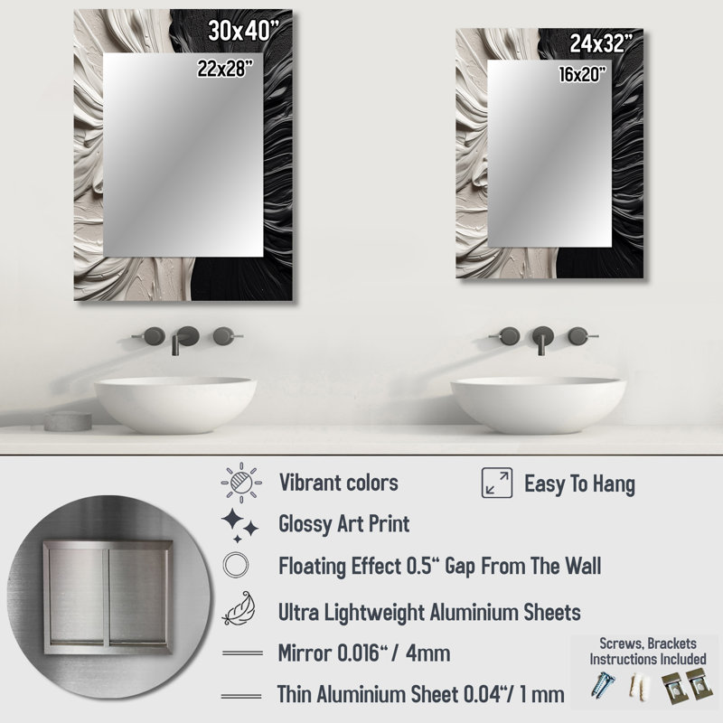 Black White Marbled Dreamscape III - Geometric Decorative Wall Mirror, Black Mirror, Printed Metal Art, 40" x 30"