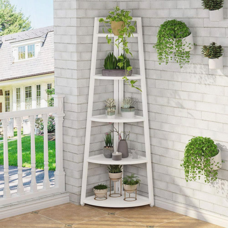 70.07" Tall Corner Shelf, 5 Tier Corner Bookshelf Bookcase Industrial Corner Ladder Shelf Plant Stand For Living Room, White