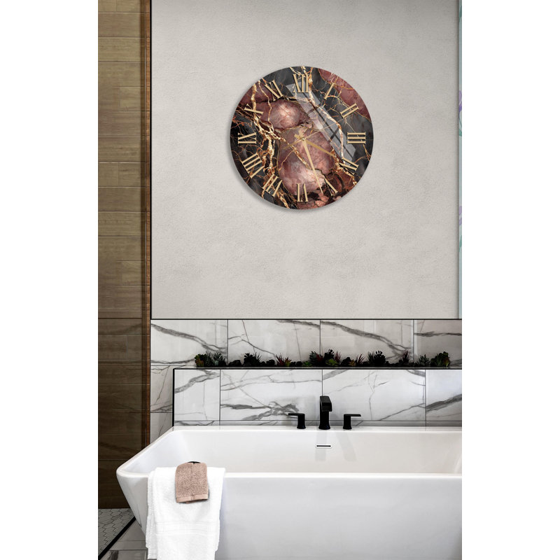 Horloge murale en verre trempé, horloge ronde de style marbre, horloge décorative or brun, décoration intérieure moderne, art mural unique