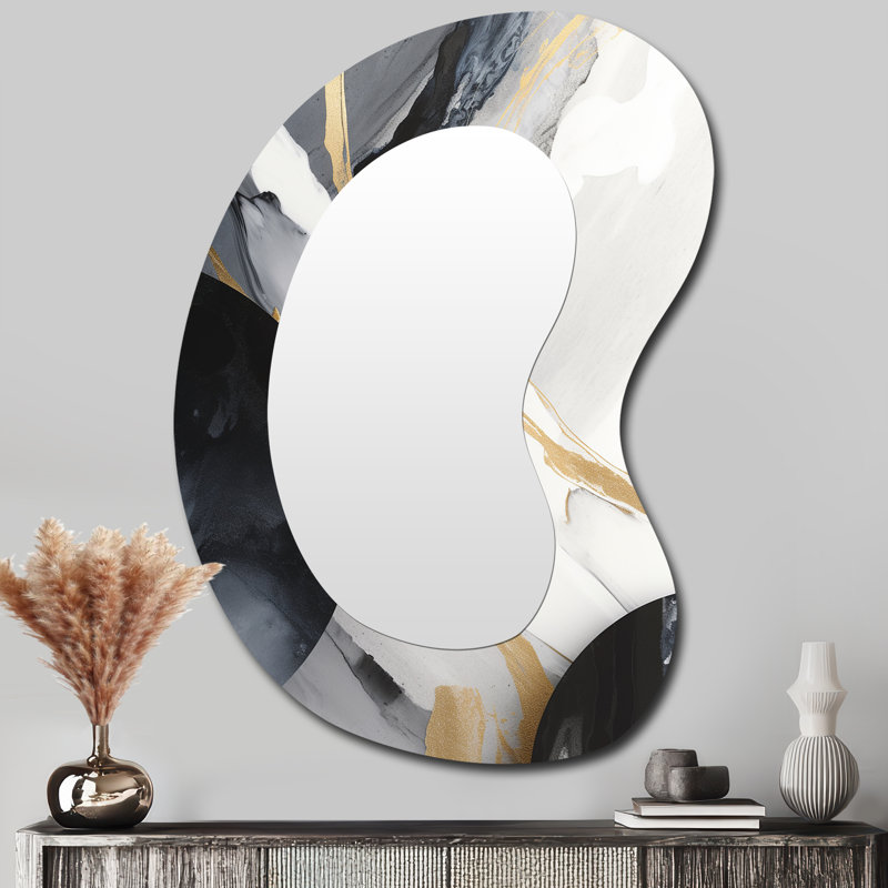 Evalett Black And Gold Harmony Of Marble I - Marble Irregular Shape Decorative Wall Mirror, Modern Asymmetrical Mirror, Printed Metal Art
