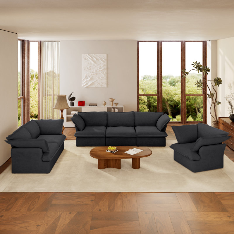 Ensemble de salon modulaire 3 pièces, Mélange de lin de couleur naturelle, Noir