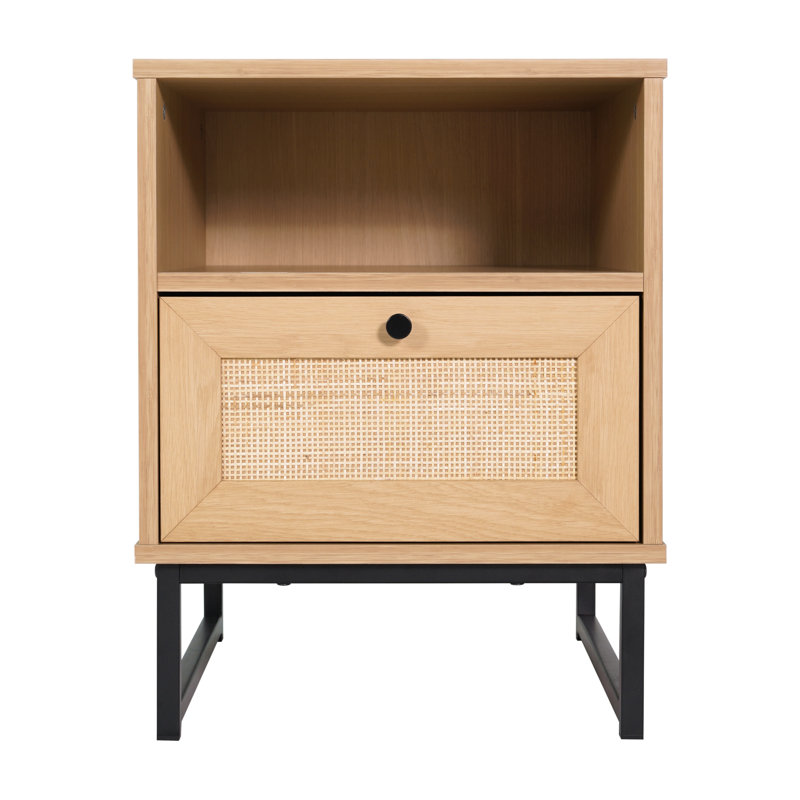 Mid-Century Modern Side Table With Storage Drawer And Shelf, Natural Wood