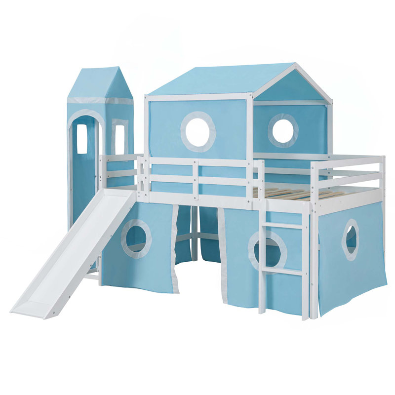 Lit mezzanine avec glissade et tour, Bleu, Double