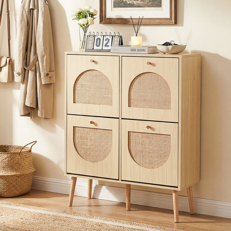16 Pair Shoe Storage Cabinet, Medium Yellow Wood