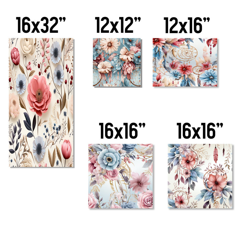 Arda - Ensemble de 5 décorations murales florales, Toile tendue