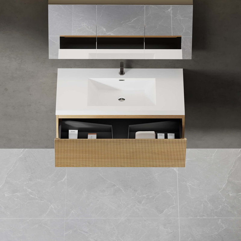 Meuble-lavabo mural 42 po avec lavabo flottant 42 po, Chêne, Blanc