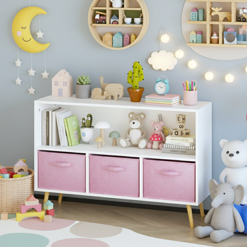 Bibliothèque pour enfants de 35 pouces de largeur avec 3 tiroirs en tissu rose, rangement pour jouets bas et pieds en bois massif pour salle de jeux, blanc et rose
