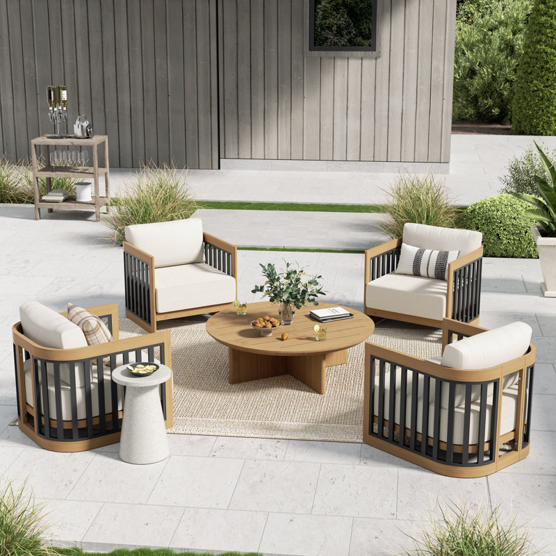 Sereno Patio 4 Person Aluminum Conversation Set With Round Coffee Table And Club Chairs And Cushions, Matted Teak