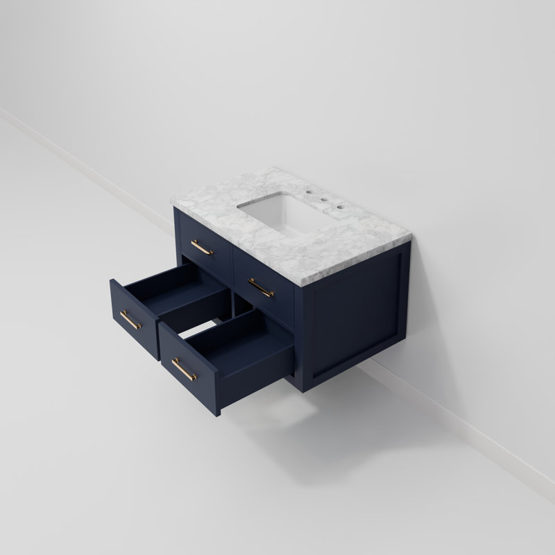 Meuble-lavabo simple l 36 po x P 22 po Castor, Bleu, Marbre de Carrare blanc