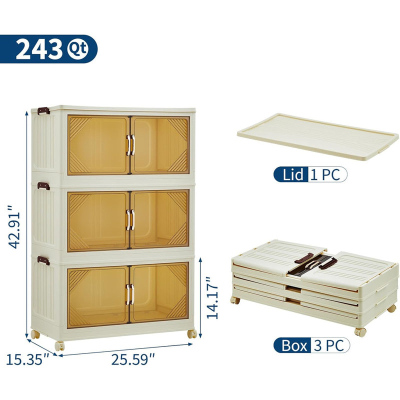 144QT-630QT Stackable Storage Bins with Magnetic Doors & Wheels, Foldable Plastic Storage Drawers