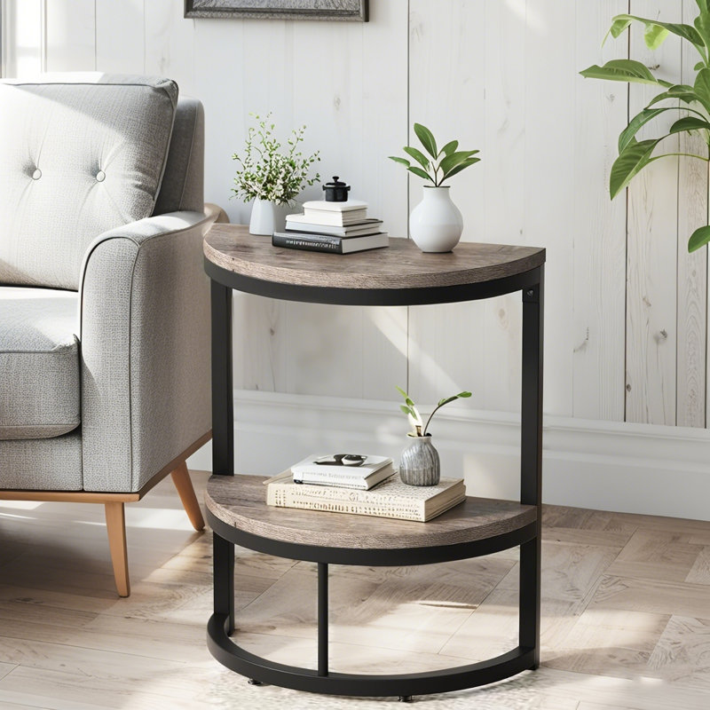 Half Round End Table, Narrow Side Table with Metal Frame, Gray