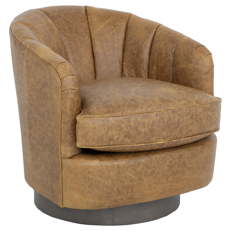 Tipsy Barrel Chair, Brown Genuine Leather, Bright Brass