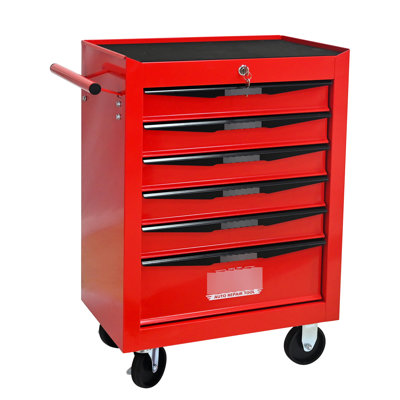 20" 6 - Drawer Steel Tool Organizer, Cold Rolled Steel, Powder Coated, Black And Blue, Key Locking Rolling Cabinet, Drawers, Bearing Slides, Smooth Co