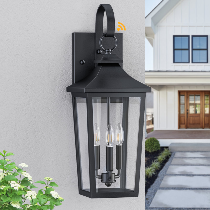Abarca 26.4''H Iron Black ETL Tempered Glass Outdoor Wall Light with Dusk to Dawn, 26.4" H x 10.43" W x 9.5" D, Matte Black