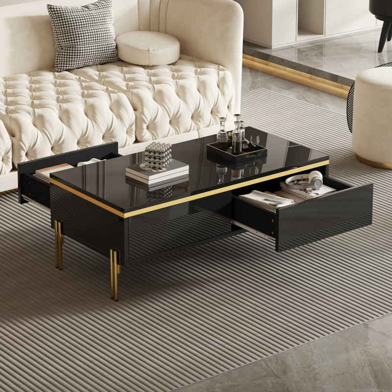 100cm Coffee Table High Gloss 2 Drawers Storage Gold Metal Legs Tea Accent End Units Living Room Lounge Furniture Base, Black