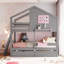 Lit superposé simple au-dessus d'un lit simple avec une maisonnette, un rangement et une structure en bois de pin durable