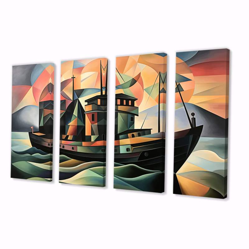 Art mural 4 pièces, bateau de croisière cubiste, H 28 po x l 48 po