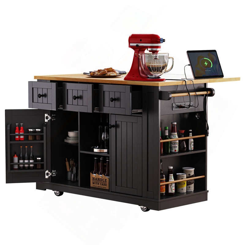 53inch Large Kitchen Island with Drop Leaf,Power Outlet,Door Internal Storage Rack,Rolling Kitchen Cart on 5 Wheels with 5 Open Side Racks for Kitchen(Two Packages)(Stools not included)