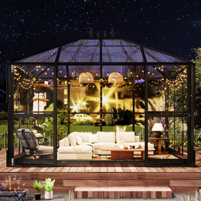Polycarbonate Greenhouse with Clear Panels- 6 FT Wall Height Outdoor Aluminum Greenhouses with 2 Vents, Double Doors with Hook, Walk-in Greenhouse for Backyard Garden